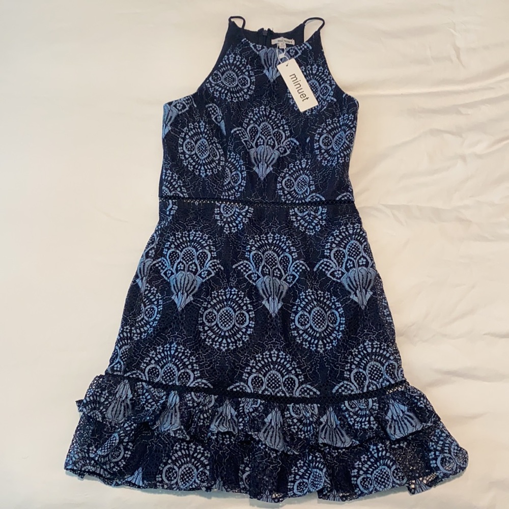 NWT Vici Dolls Blue Lace Bohemian Ruffle Mini Dress Embroidered Fall Dress Small